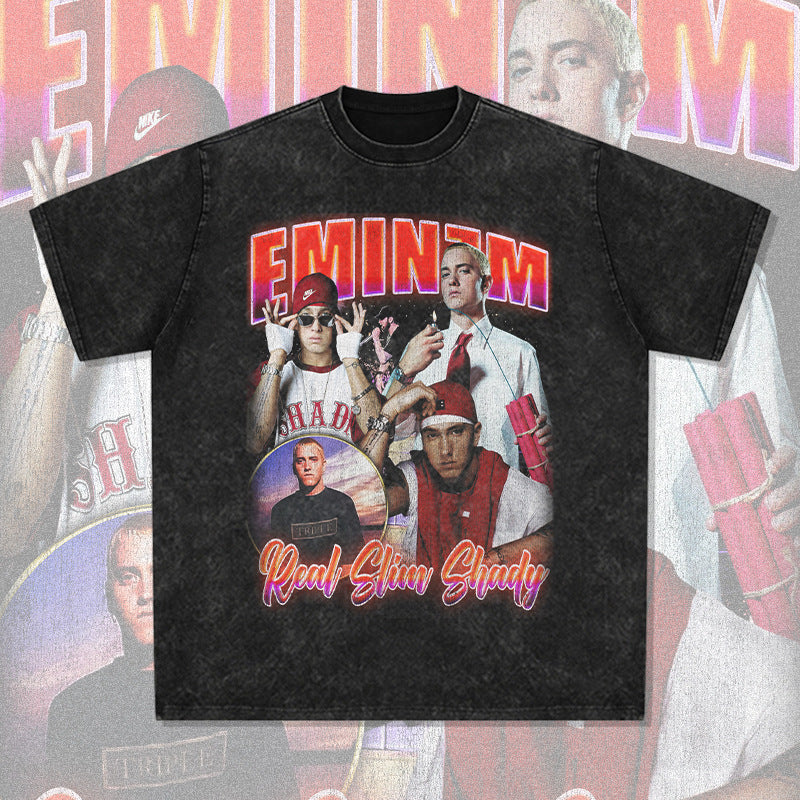Cool t rapper Eminem Printed Hip Hop Short Sleeve Vintage Wash T-Shirt