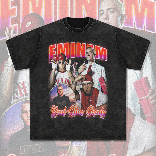 Cool t rapper Eminem Printed Hip Hop Short Sleeve Vintage Wash T-Shirt