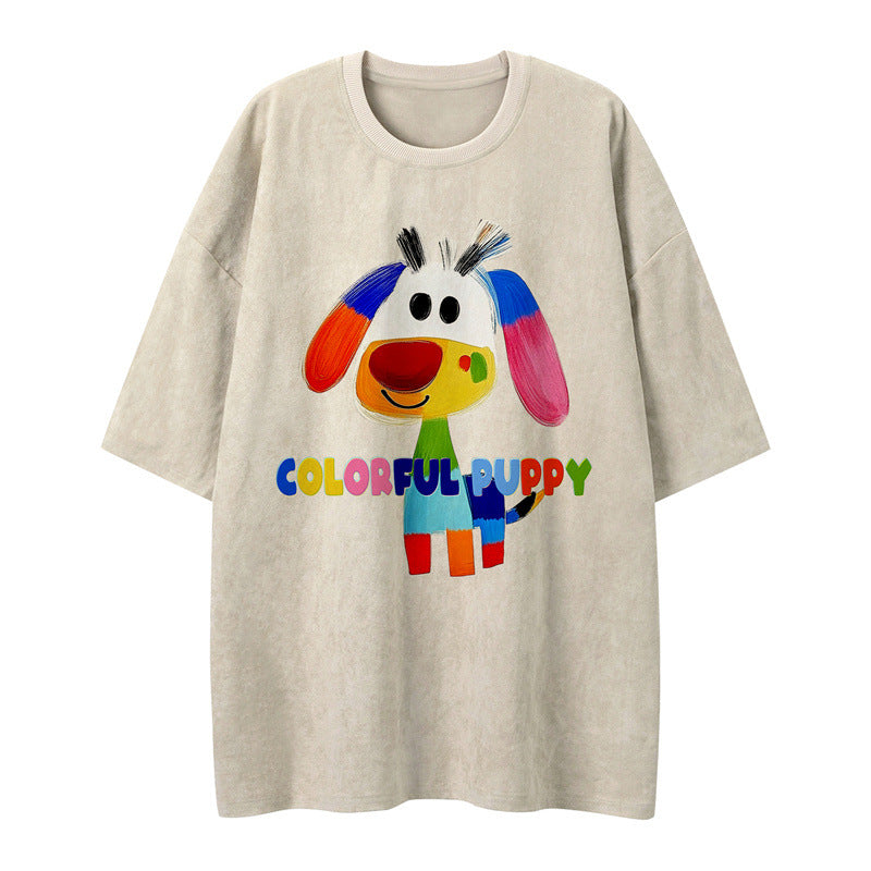 US drip outfits Summer Vintage Color Doodle Puppy Casual Loose Short Sleeve T-Shirts