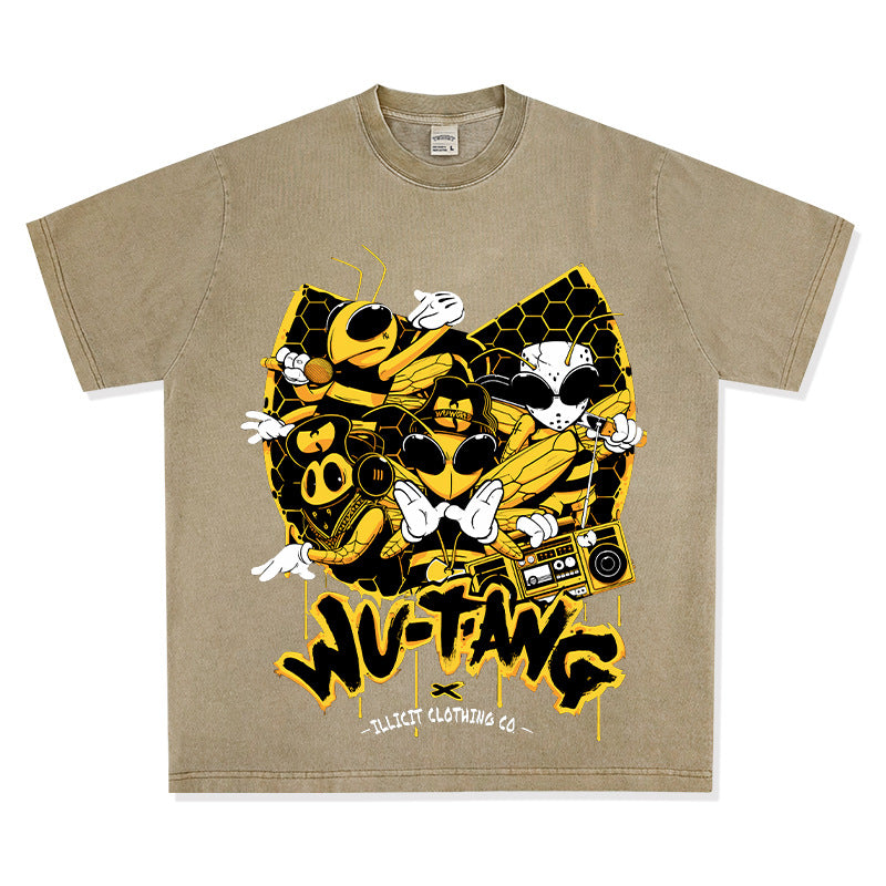Streetwear masculino wu-tang print vintage short-sleeved t-shirt