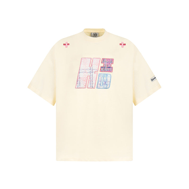 New York Hip Hop Style Vintage Dopamine Letter Embroidery Crew Neck Short Sleeve T-Shirt