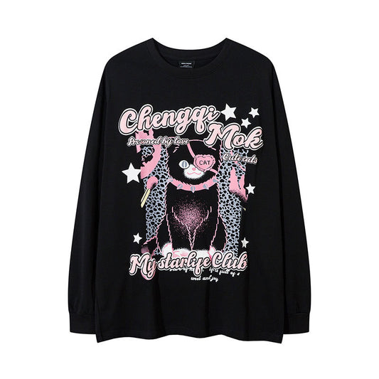 Marcas De Streetwear Cat Print Casual Men's and Women's Long Sleeve T-Shirt