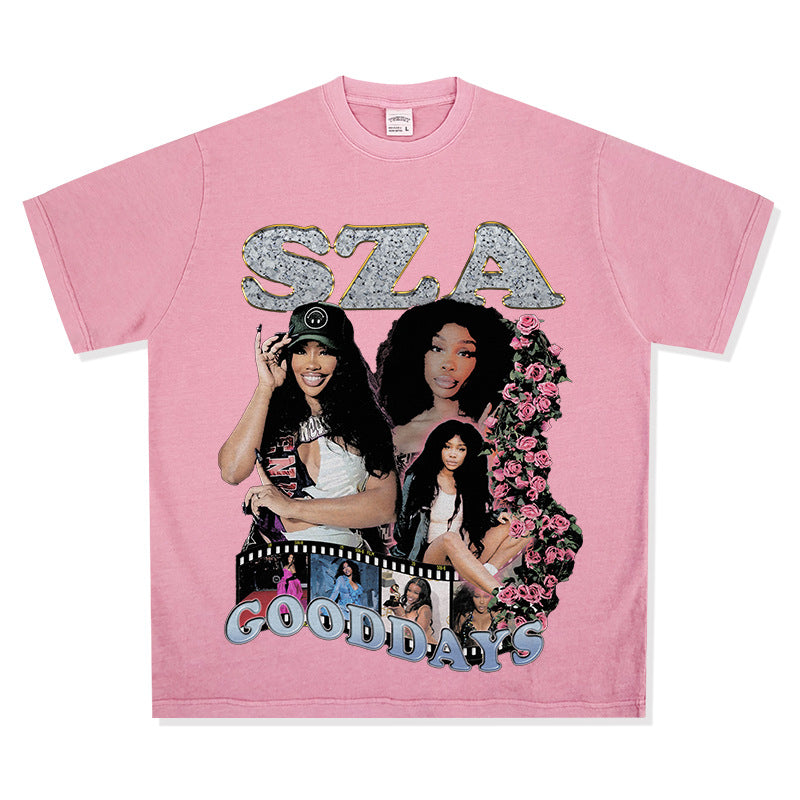 Streetwear masculino vintage rap SZA print short sleeve t-shirt oversize
