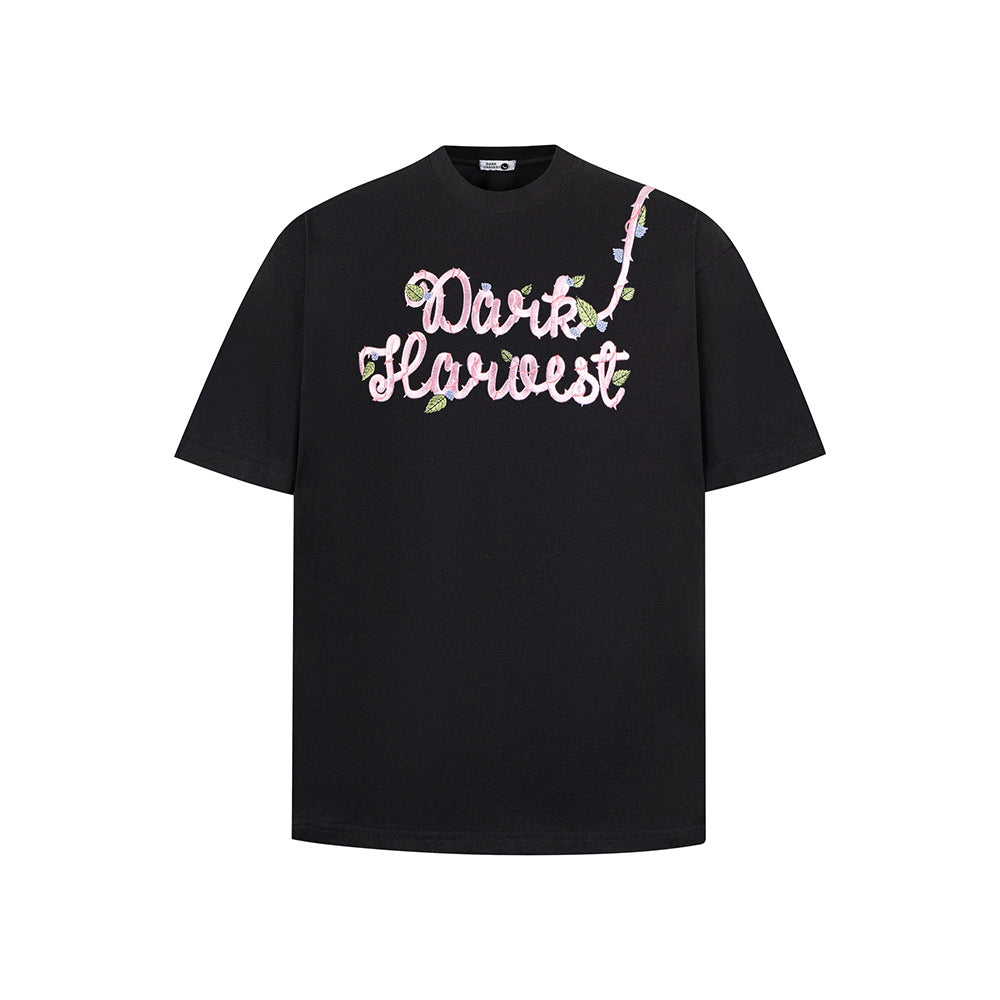 New York Hip Hop Style Vintage Floral Embroidery Crew Neck Short Sleeve T-Shirt