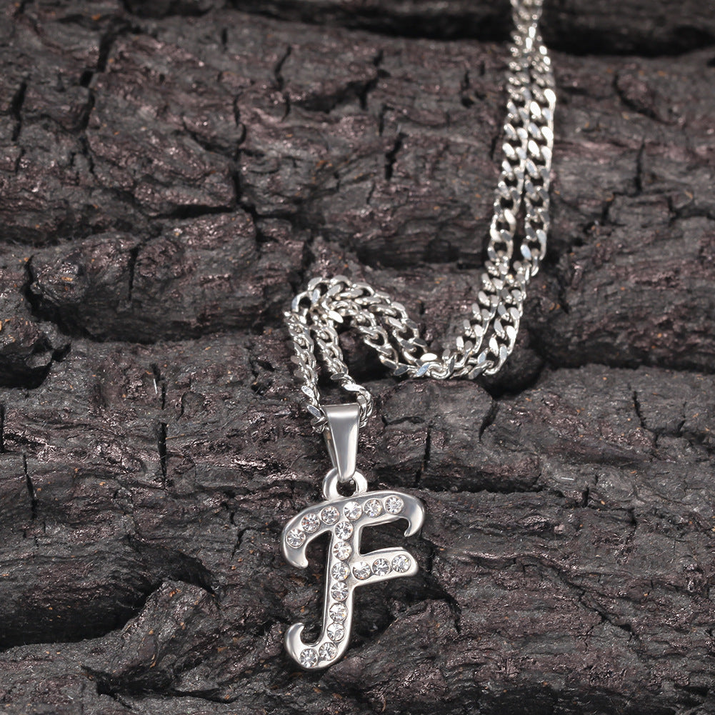 Jewelry Titanium Steel Diamond Flower Body 26 Letters A~ Z Pendant Necklace Alphabet Pieces