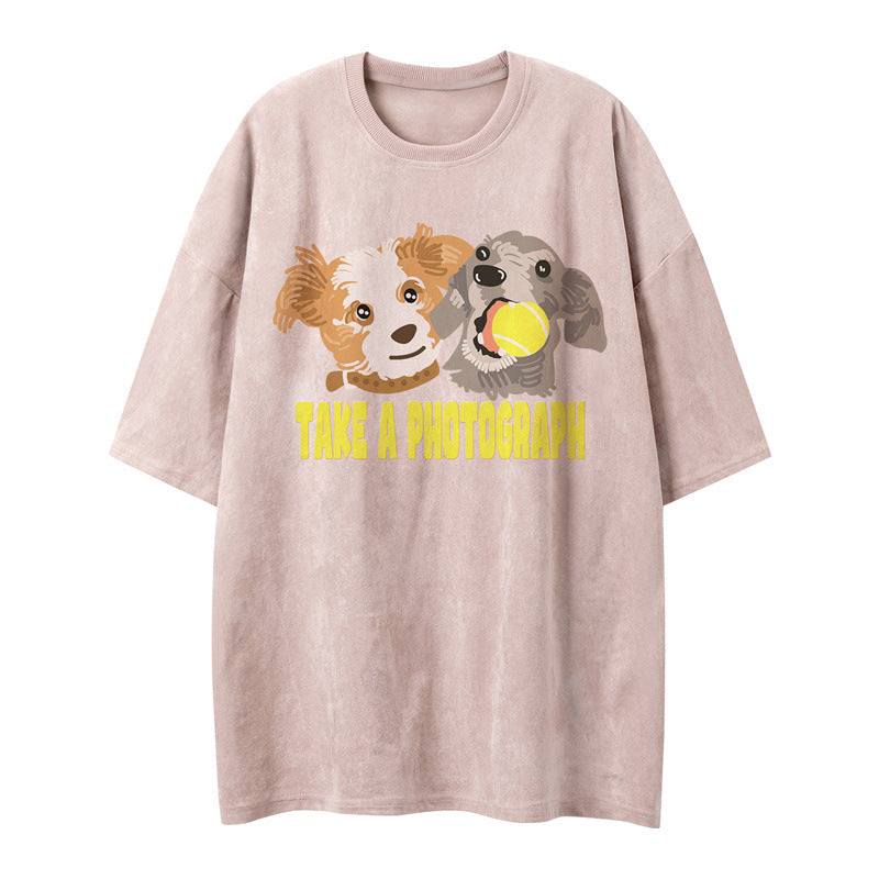 US drip outfits Summer Vintage Can Dog Casual Loose Short Sleeve T-Shirts