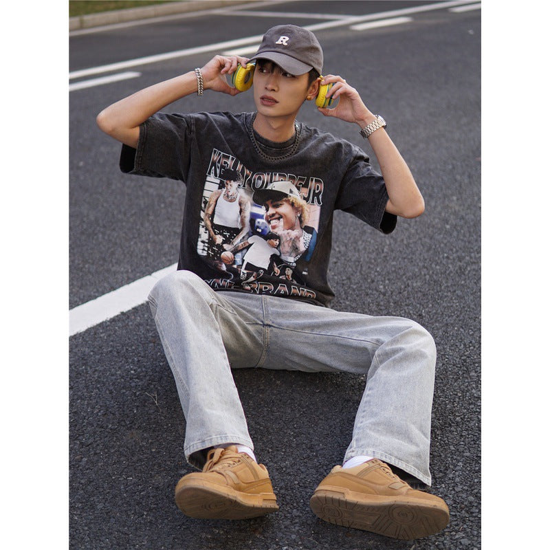 Film Star T Shirt Kelly Oubre Printed T-shirt Short Sleeve Loose Retro Pure Cotton Washed Distressed