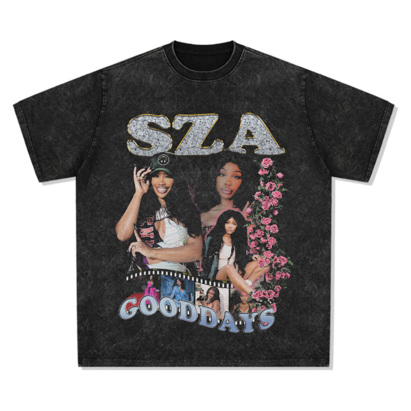 Streetwear masculino vintage rap SZA print short sleeve t-shirt oversize