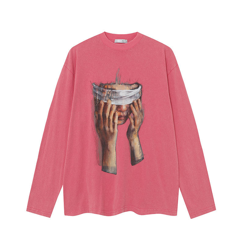 Marcas De Streetwear Vintage Washed Old Masked Girl Print Long Sleeve T-Shirt Top