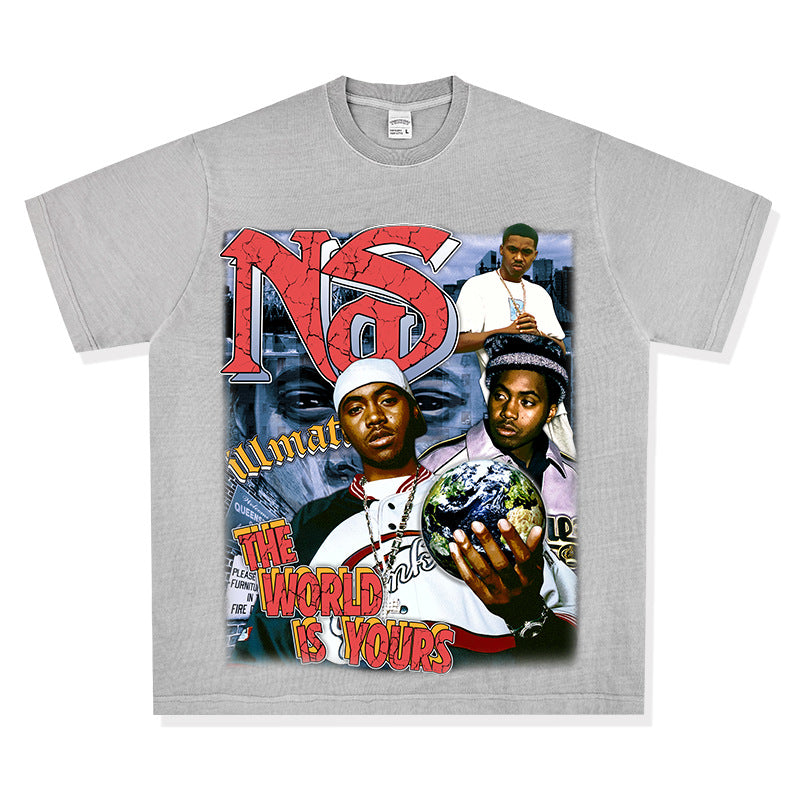 Streetwear masculino vintage hip hop nas print short sleeve t-shirt vintage