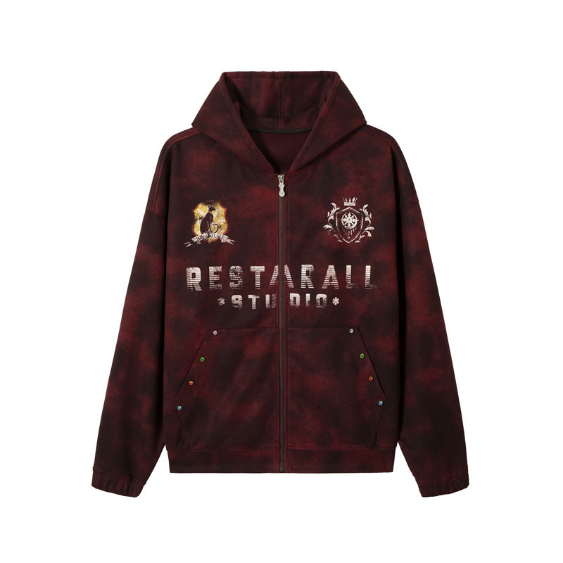 Streetwear Hoodie Tie-Dye Hooded Sweater Loose Hip Hop Cardigan Jacket
