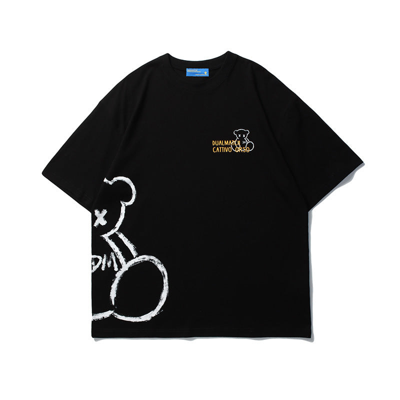 Vice streetwear bear graffiti print short sleeve T-shirt loose round neck T-Shirts