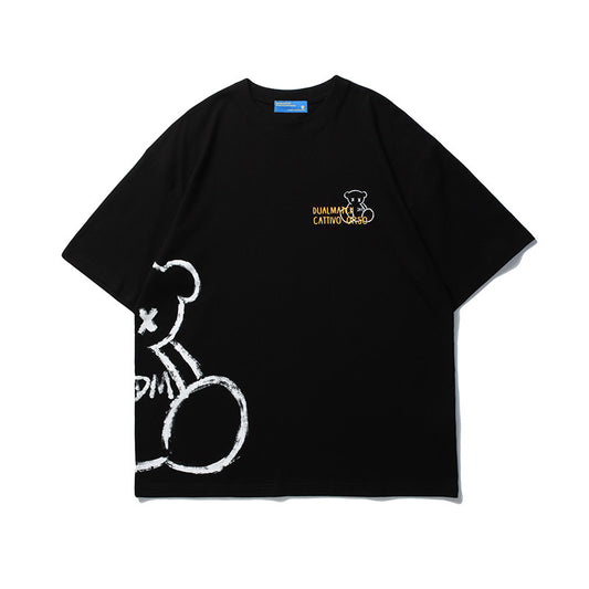 Vice streetwear bear graffiti print short sleeve T-shirt loose round neck T-Shirts