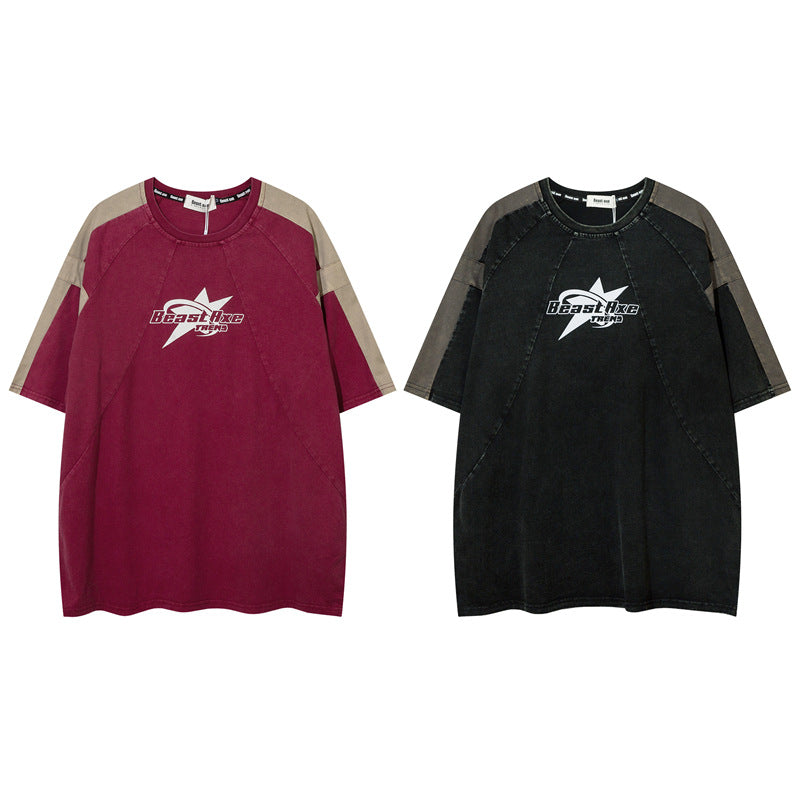 Y2K mens shirt contrasting color short-sleeved t-shirt casual