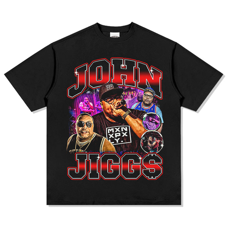 Outfit streetwear vintage hip hop johnjigg gills band print short sleeve t-shirt