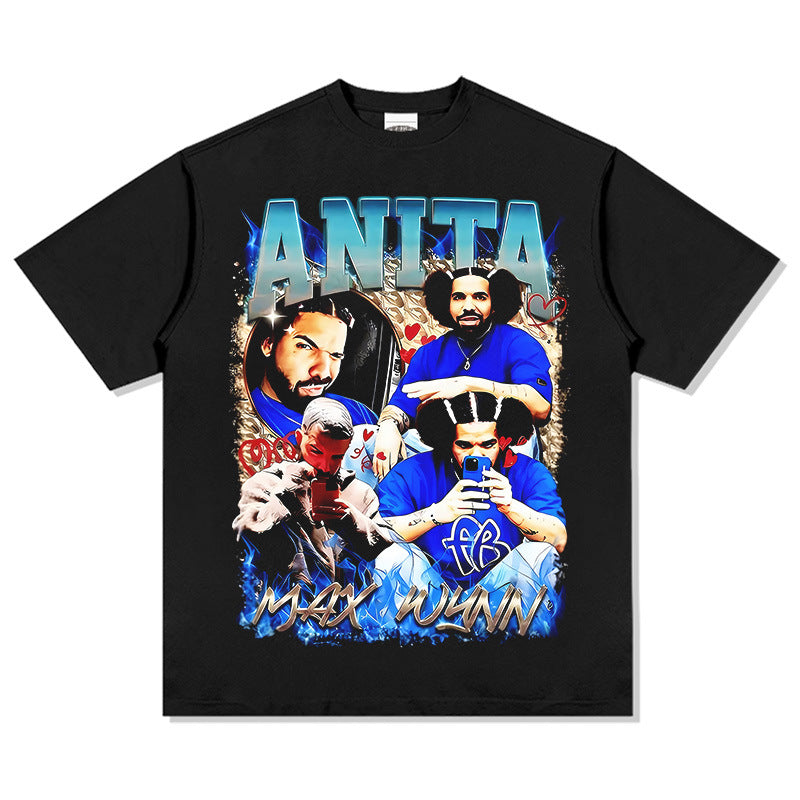 Marcas streetwear usa vintage hip hop Drake AnitaMaxWin print short sleeve t-shirt