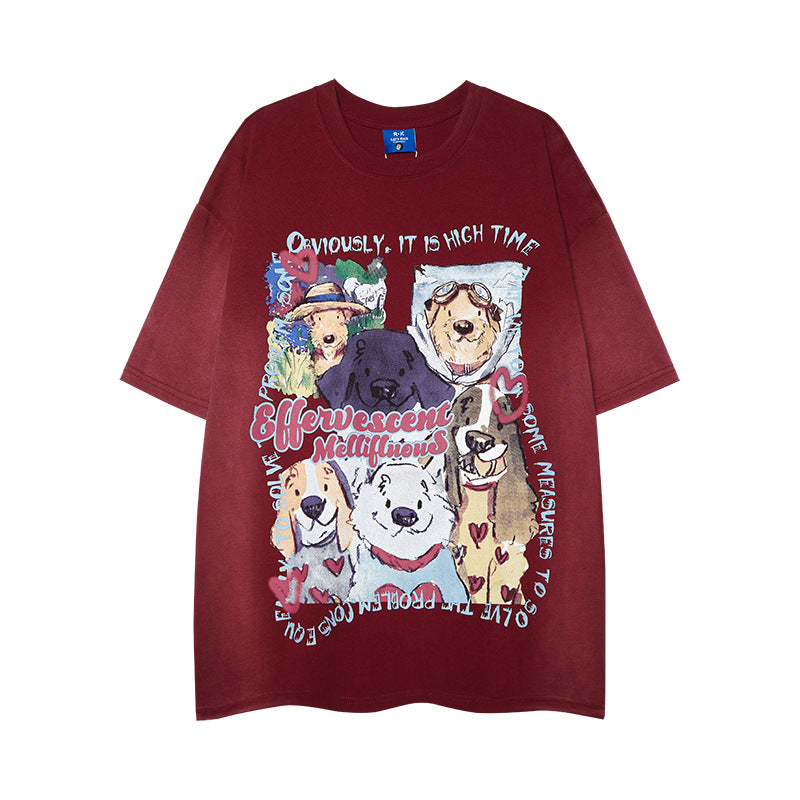 Nyc 1990 Shirt Retro Dog Print Burgundy Short Sleeve T-Shirt