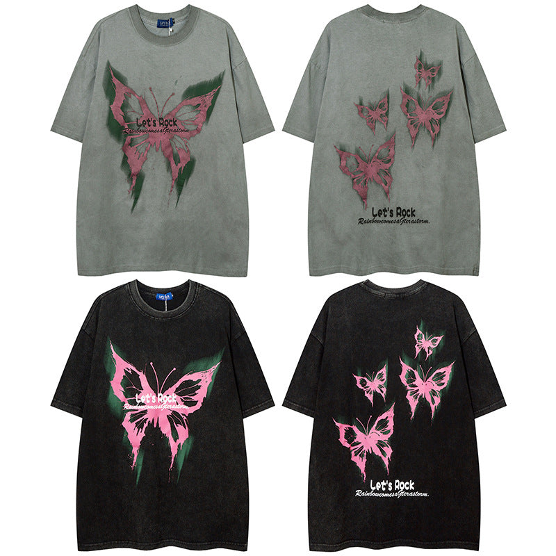 Vintage T Shirts Hip Hop Retro Butterfly Print Wash Short Sleeve T-Shirt