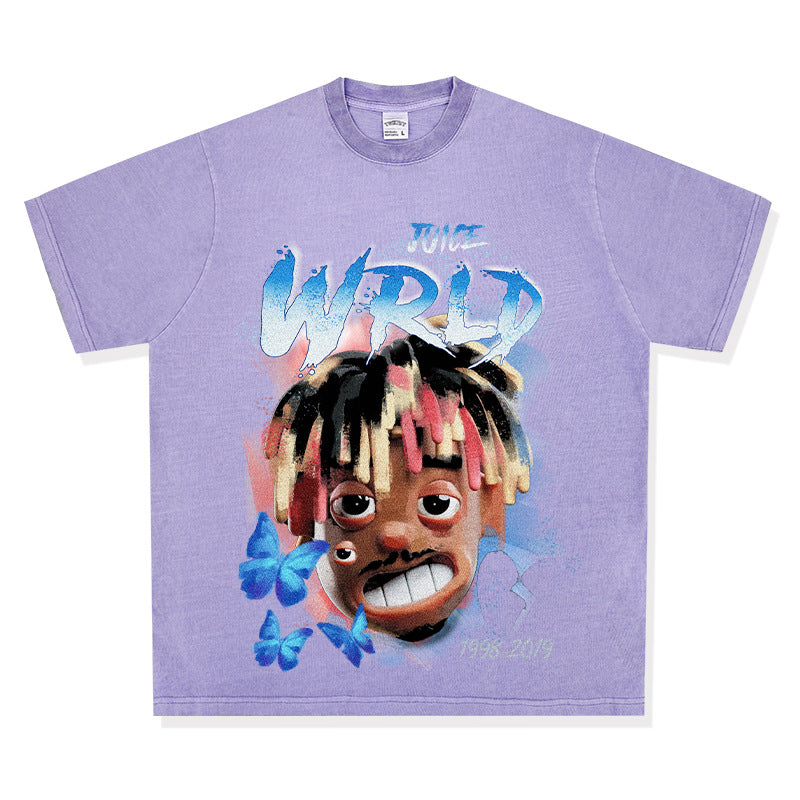 Cool t rapper rap Juice Wrld print hip hop short sleeve vintage loose