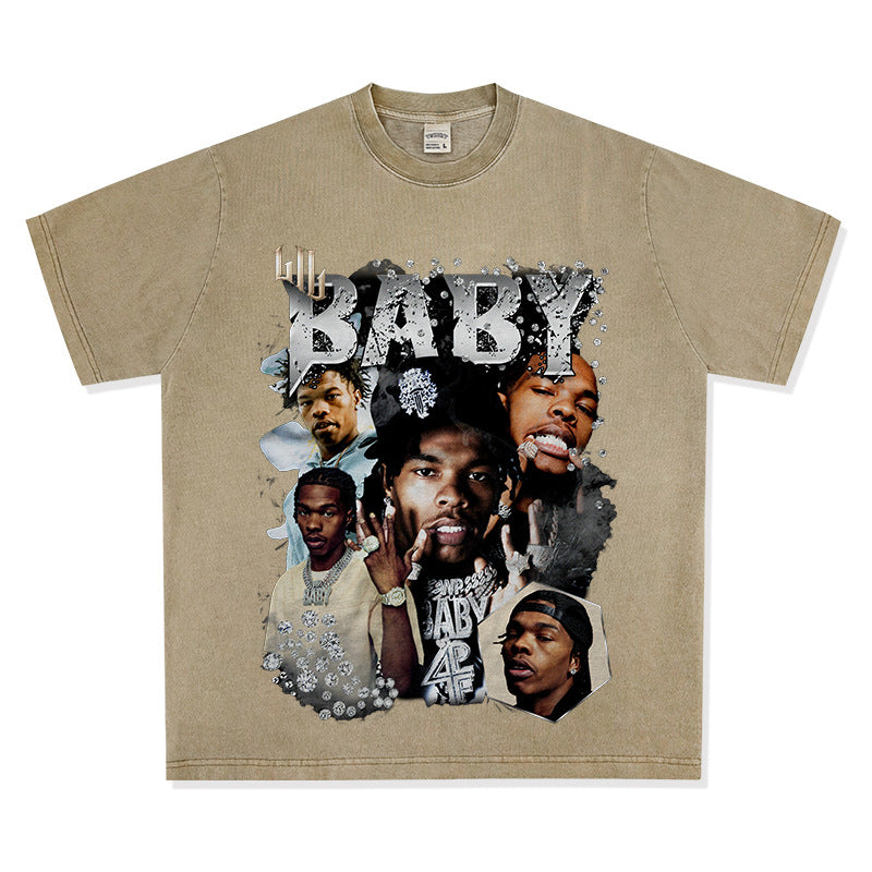 Cool t rapper retro hip hop Lil Baby print short sleeve t-shirt loose crew neck