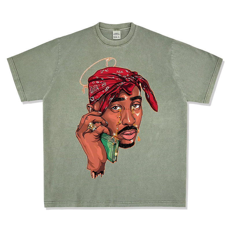 Streetwear masculino vintage hip hop tupac print short sleeve t-shirt