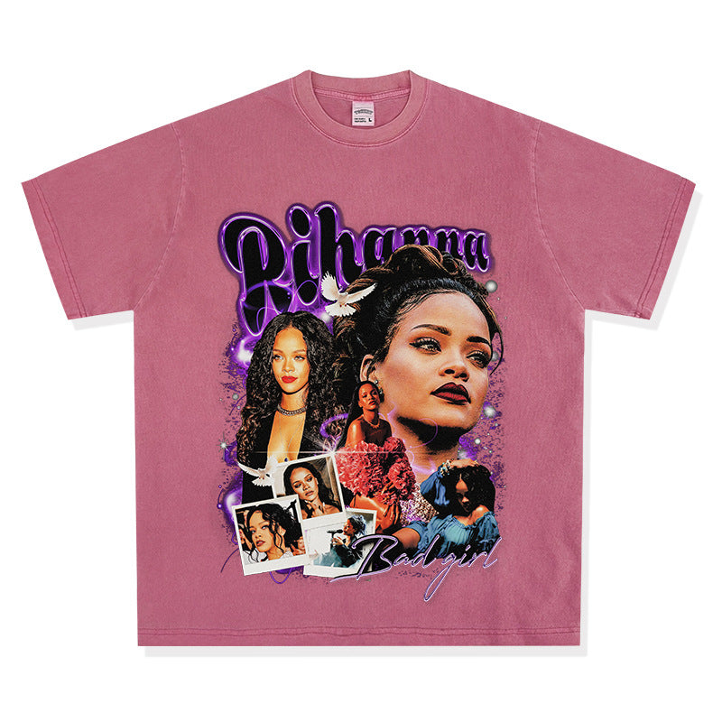 Streetwear masculino hip hop vintage Rihanna print short sleeve t-shirt VINTAGE