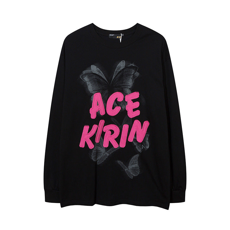 Vintage T Shirts Hip Hop Butterfly Letter Embroidery Long Sleeve T-Shirt