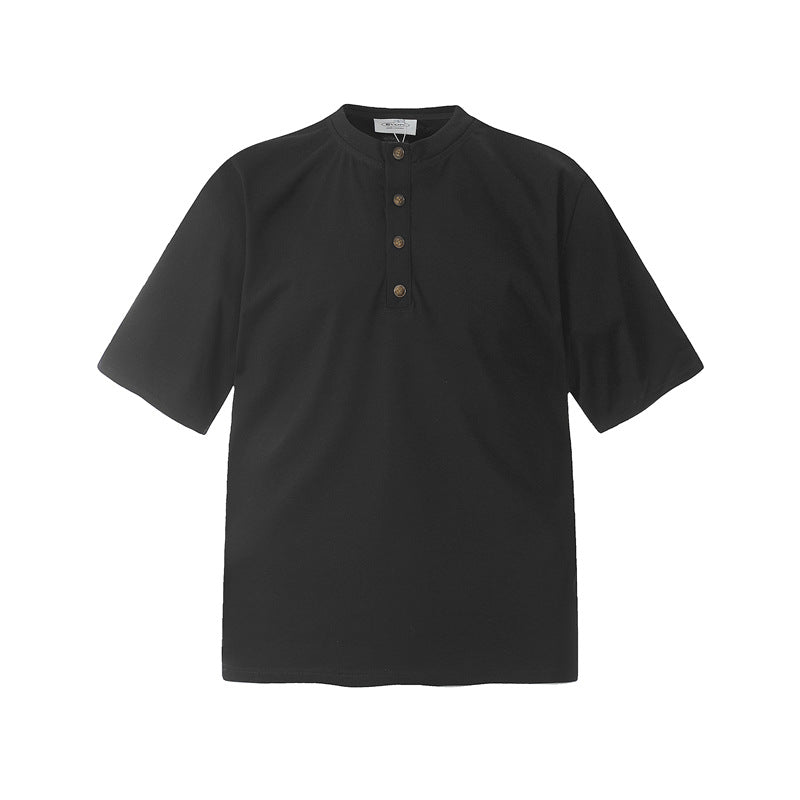 Camisas Retros Casual Half-Sleeve Button Solid Color Loose Crew Neck Short Sleeve T-Shirt