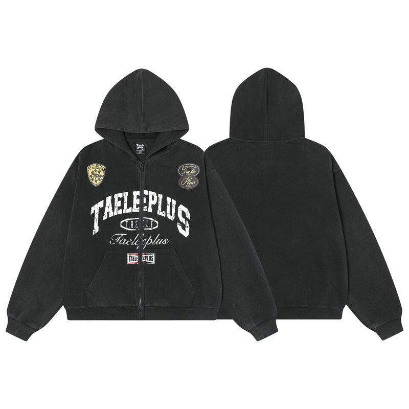 Streetwear Hoodie Vintage Washed Old Letter Print Hooded Sweater Cardigan Jacket