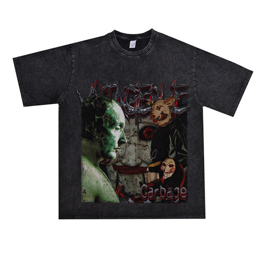 Film Star T Shirt Pure Cotton Loose Short Sleeve American Retro Trendy Printed round Neck T-shirt for Men