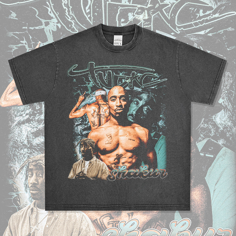 Outfit streetwear vintage hip hop tupac print, short sleeve t-shirt