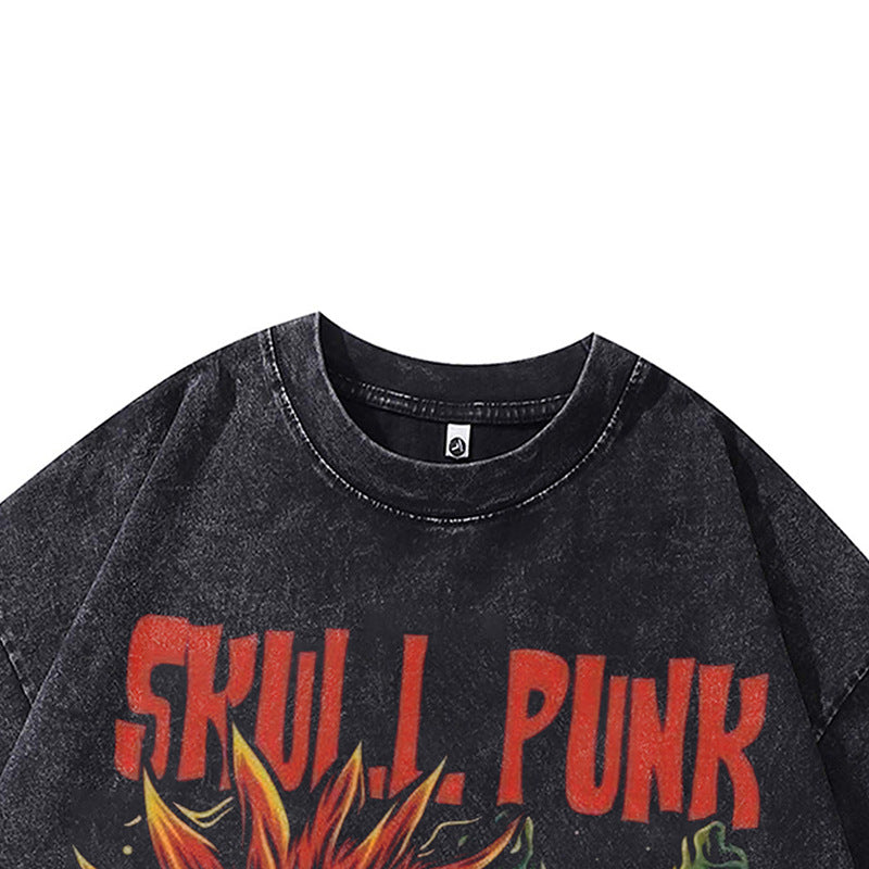 Ropa Vintage Hombre Skull Print Wash Water Crew Neck Short Sleeve T-Shirt