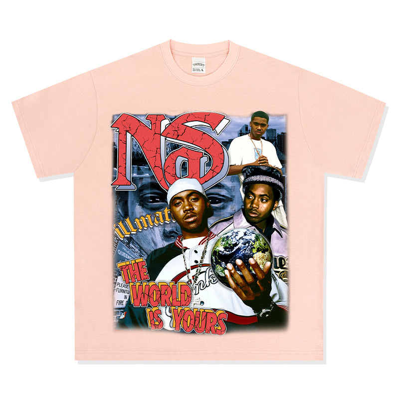 Streetwear masculino vintage hip hop nas print short sleeve t-shirt vintage
