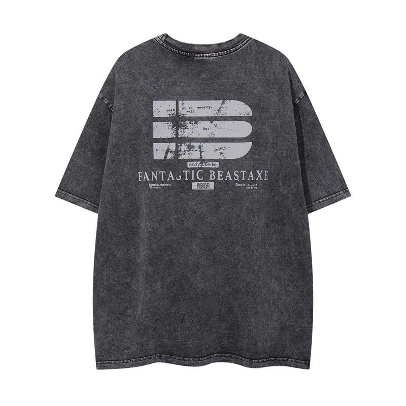 Casual Street Wear Washed Letter Print Loose Crew Neck Short Sleeve T-Shirt