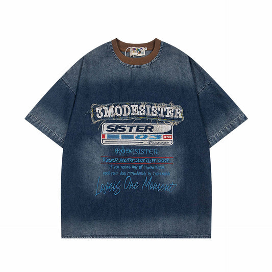 Hip Hop Clothing Retro tee Embroidery Washed Denim Short Sleeve T-Shirt