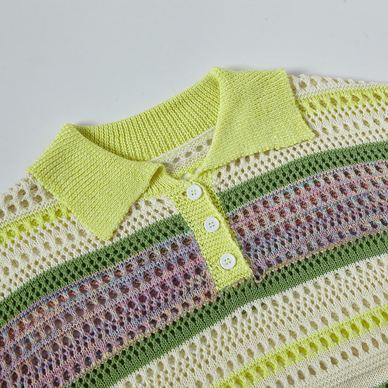 Nyc 1990 Shirt Retro Striped Hollow Contrast Color Knitted Polo Shirt Summer Lapel Casual Short Sleeve T-Shirt