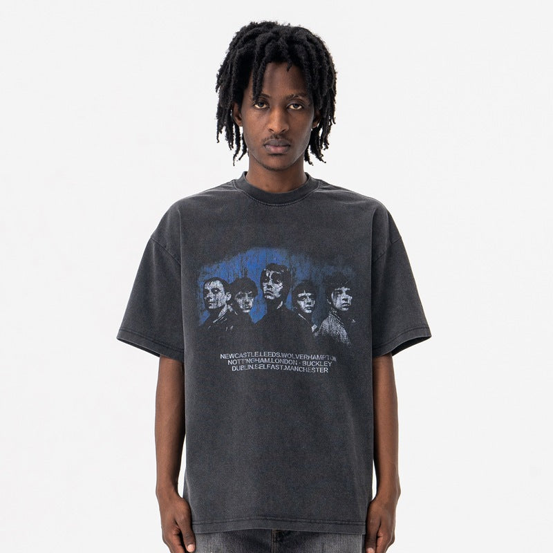 Vic Streetwear Summer Vintage Portrait Washed Crew Neck Short Sleeve T-Shirt