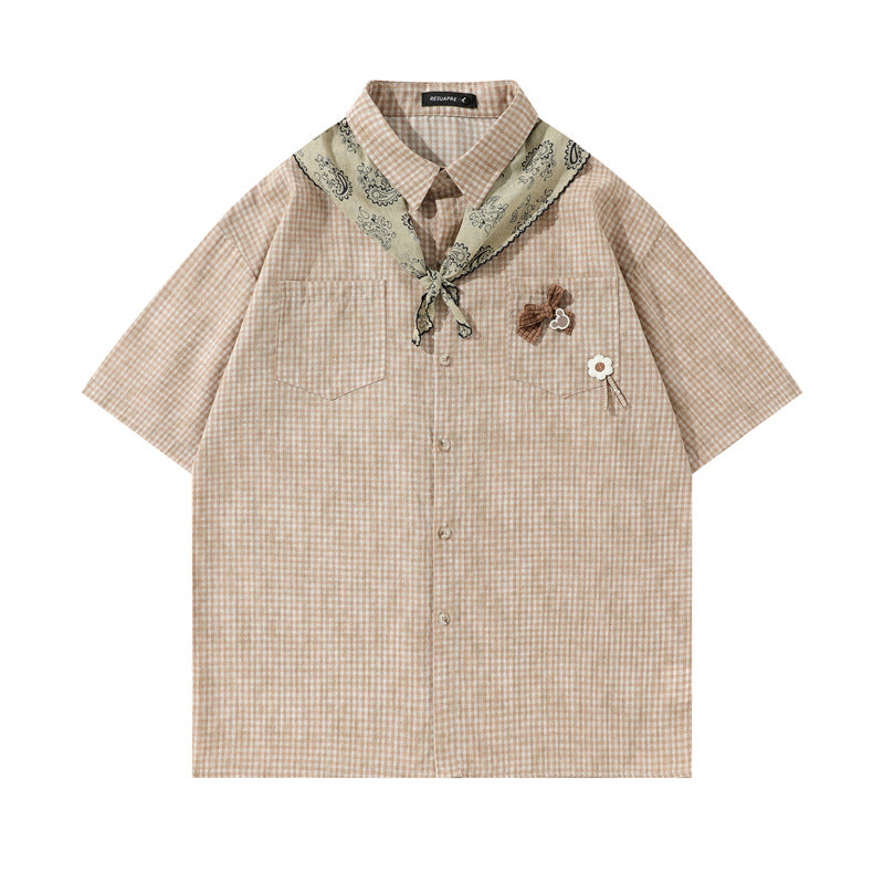 Y2K mens shirt retro loose sports short-sleeved lapel shirt