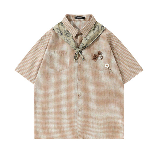 Y2K mens shirt retro loose sports short-sleeved lapel shirt