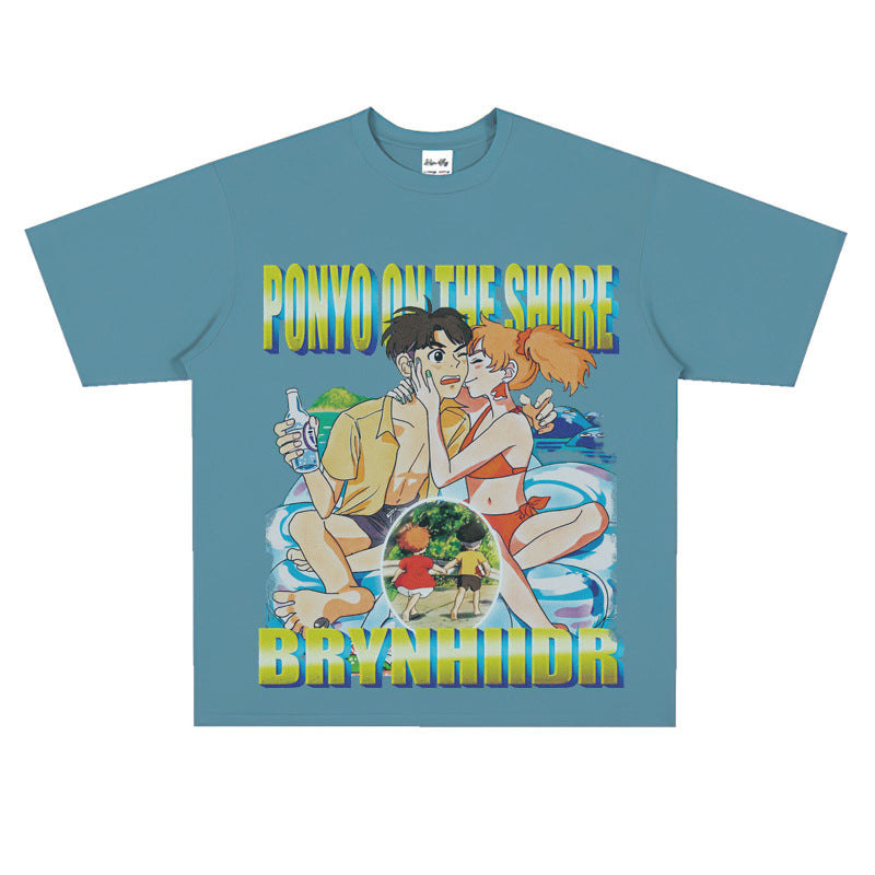 Film Star T Shirt Japanese Cartoons Animation Ponyo on the Cliff by the Sea Movie Loose Heavy Street Cotton T-shirt