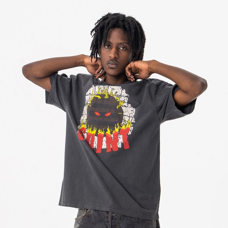 Vintage College Shirts Summer Flame Demon Character Crew Neck Loose Short Sleeve T-Shirt