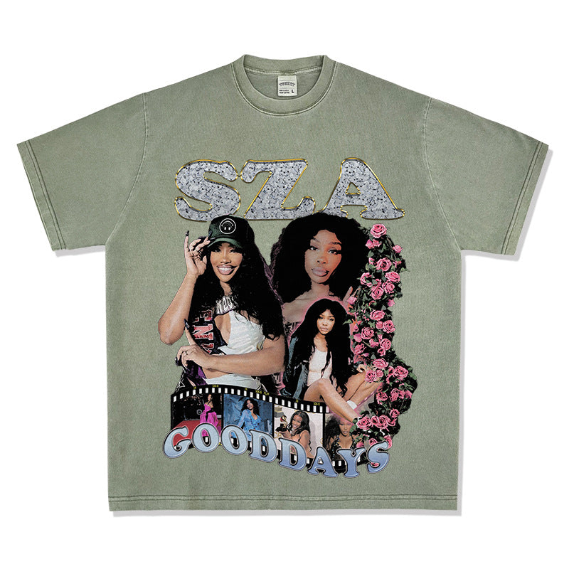 Streetwear masculino vintage rap SZA print short sleeve t-shirt oversize