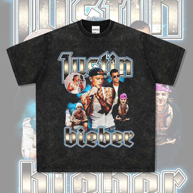 Cool t rapper Justin Bieber print vintage short sleeve t-shirt