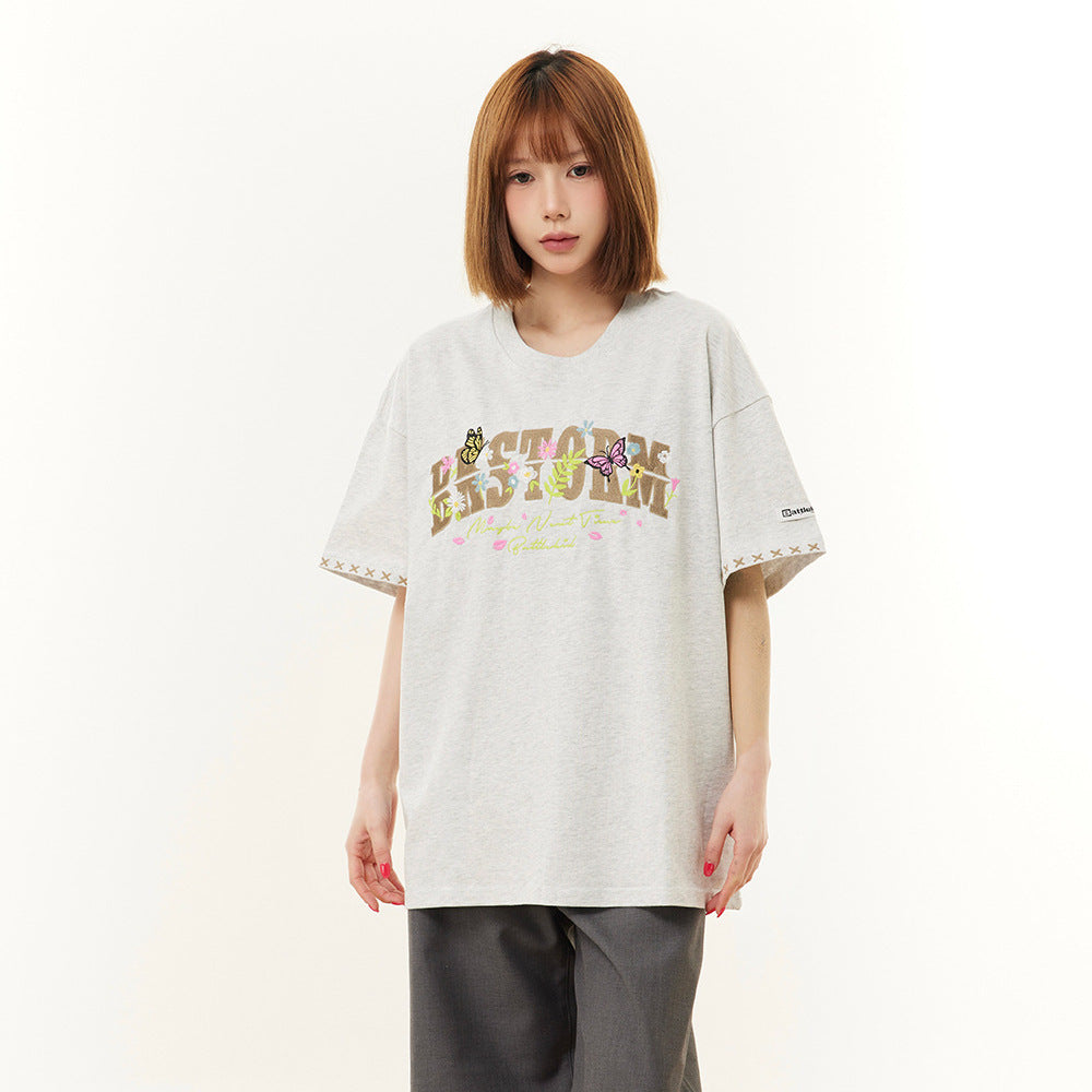 New York Hip Hop Style Vintage Butterfly Floral Alphabet Print Short Sleeve T-Shirt