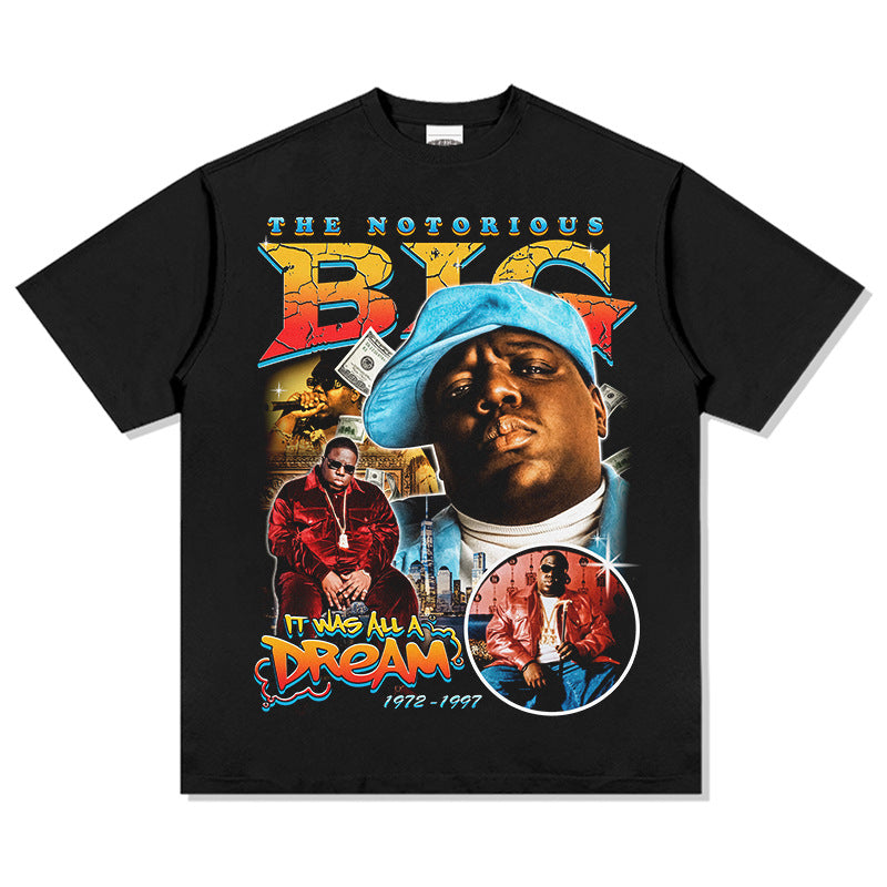 Streetwear masculino vintage hip hop Biggie Smalls print short sleeve t-shirt