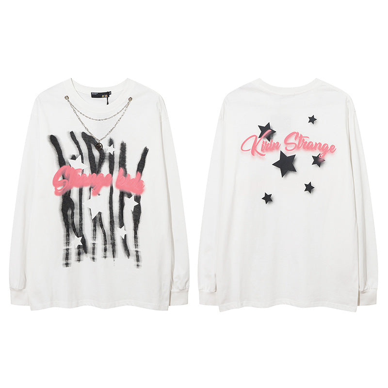 Vintage T Shirts Hip Hop Graffiti Letter Necklace Long Sleeve T-Shirt oversize