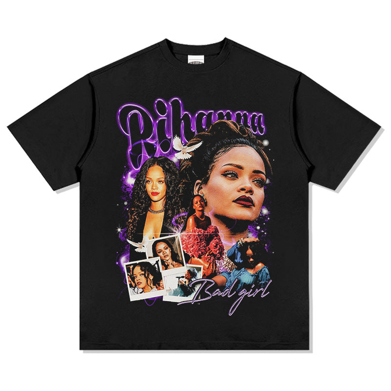 Streetwear masculino hip hop vintage Rihanna print short sleeve t-shirt VINTAGE