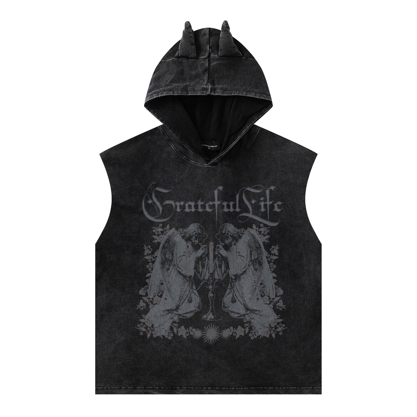 Distorted vintage gothic character print hooded vest made old top
