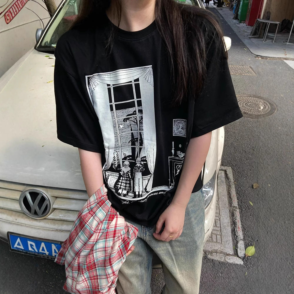 Streetwear Eua t shirt vintage cleanfit loose round neck cotton short sleeve t-shirt