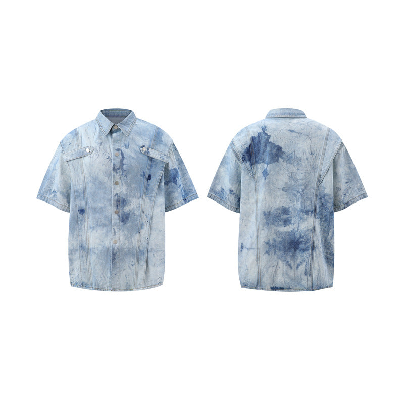 Stone Wash T shirt tie-dye gradual change washed old denim short sleeves